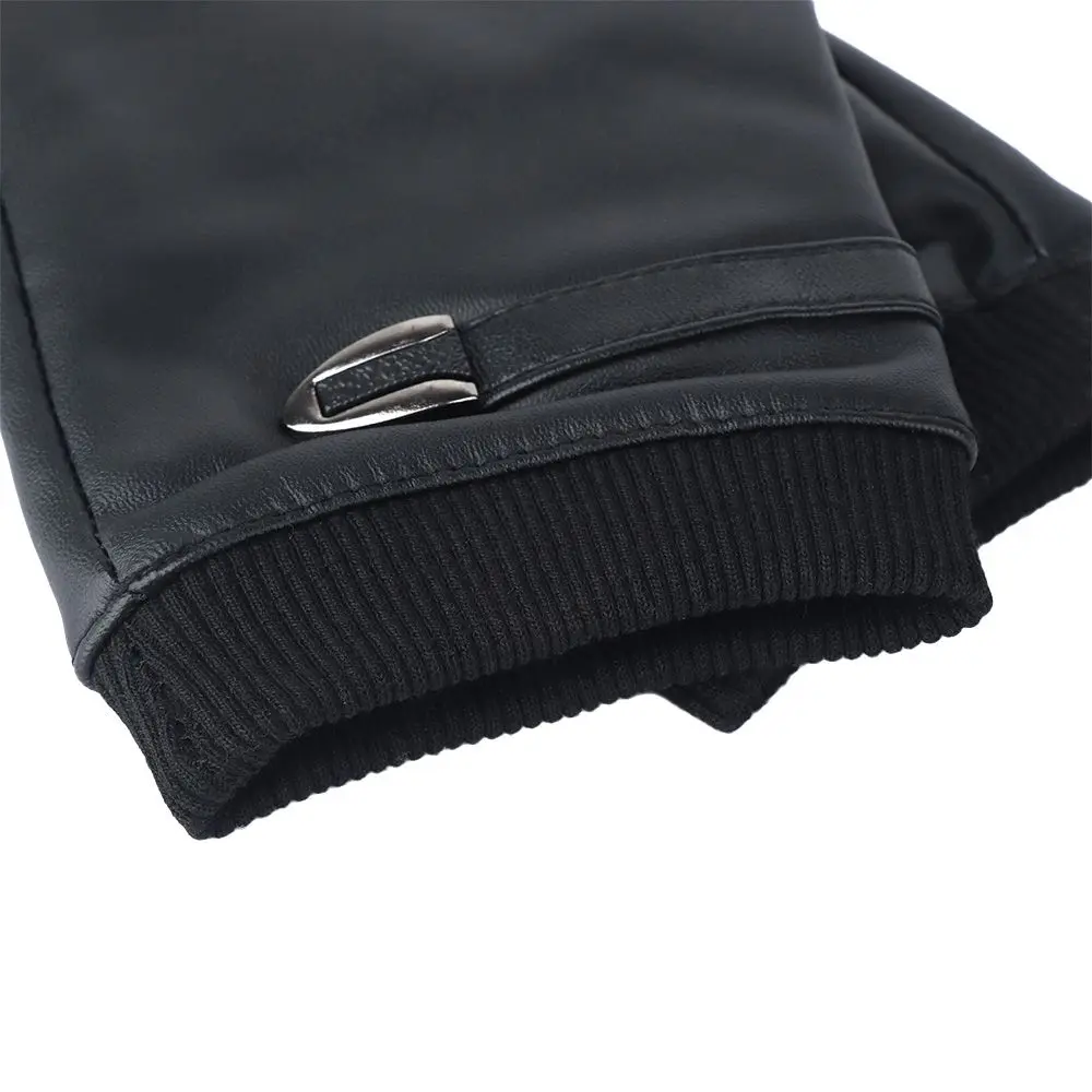 Black PU Leather Fingerless Mens Gloves Solid Button Warm Half Finger Driving Men Riding Gloves