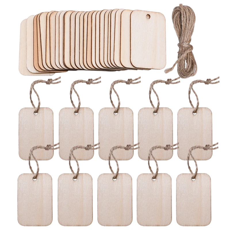 25-100Pcs Unfinished Nature Wooden Slice Rectangle Hanging Label Tags With Rope DIY Wood Craft Wedding Birthday Party Decoration