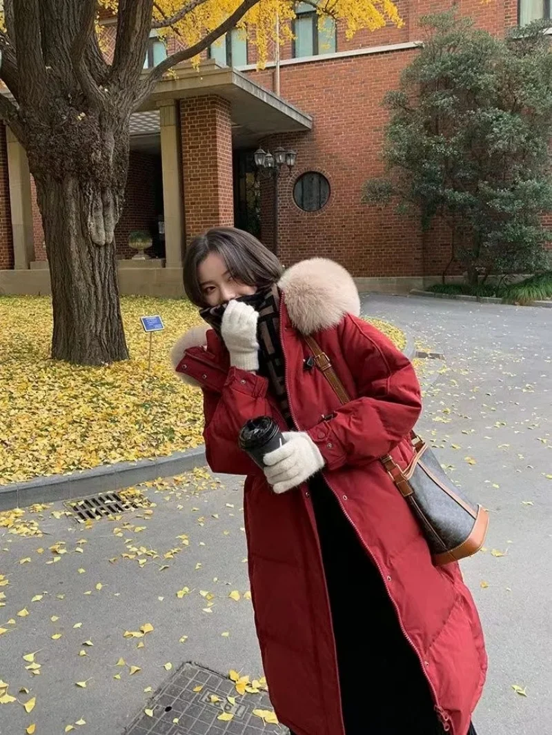 Korean Winter Coat With Big Fur Collar Hooded Outerwear 2025 New Ladies Fashion Mid to Long Knee Cotton Jacket Windbreaker w1396