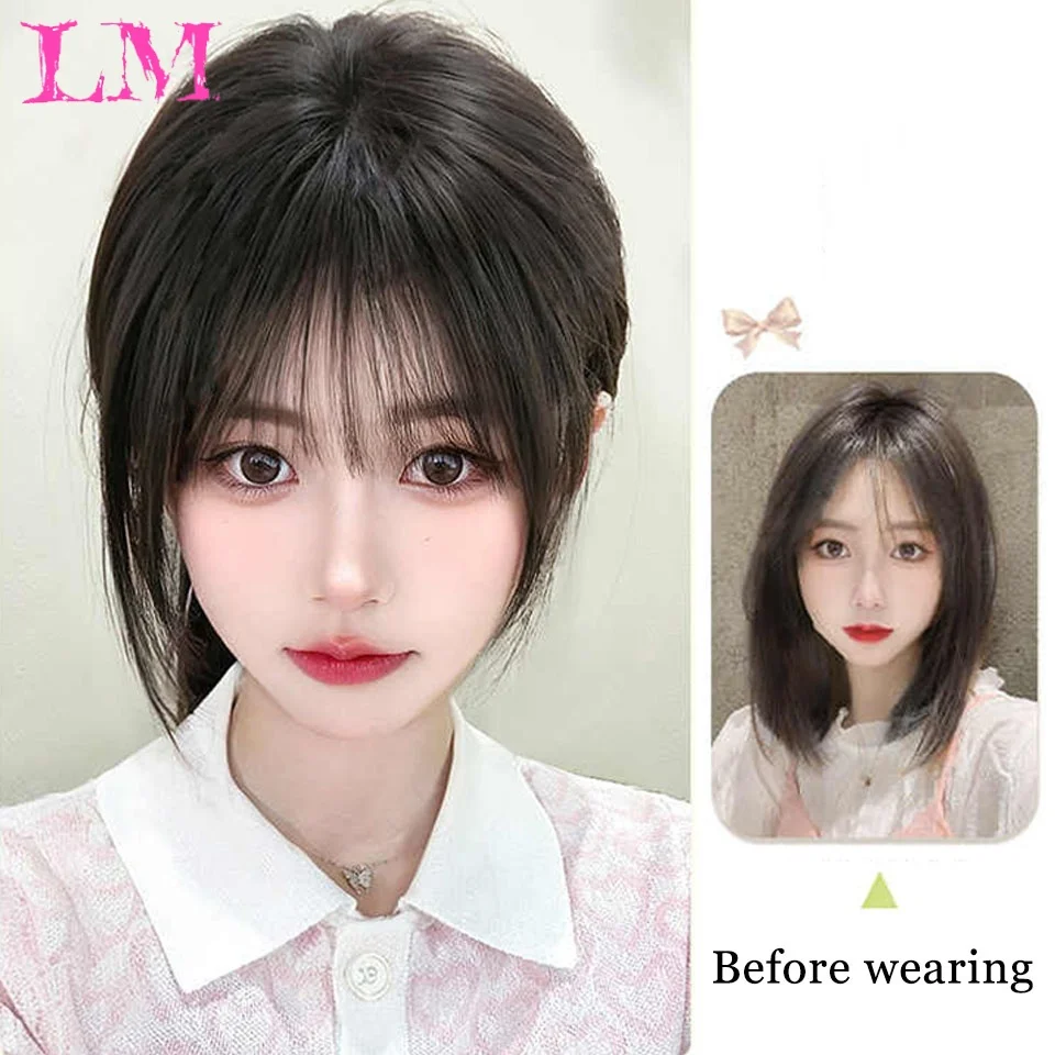 LM Women 3D Air Fringe Hair Topper Clip In Synthetic Hair Piece Invisible Fluffy Forehead Bangs Hair Extensions For Daily Hairst