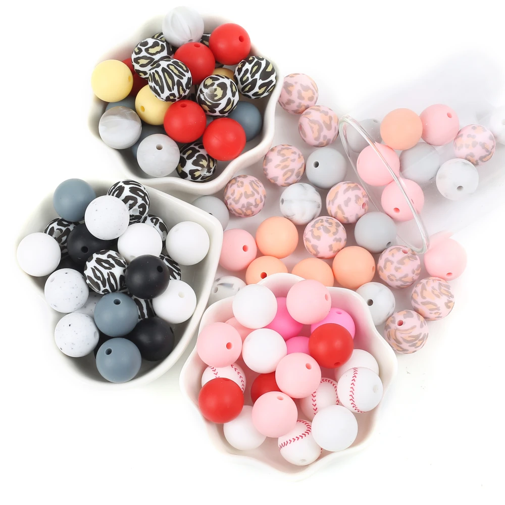 30Pc 15mm Food Grade Silicone Round Bead Cartoon Leopard Soccer Teether Bead Set DIY Care Jewelry Making Bracelet Pacifier Chain