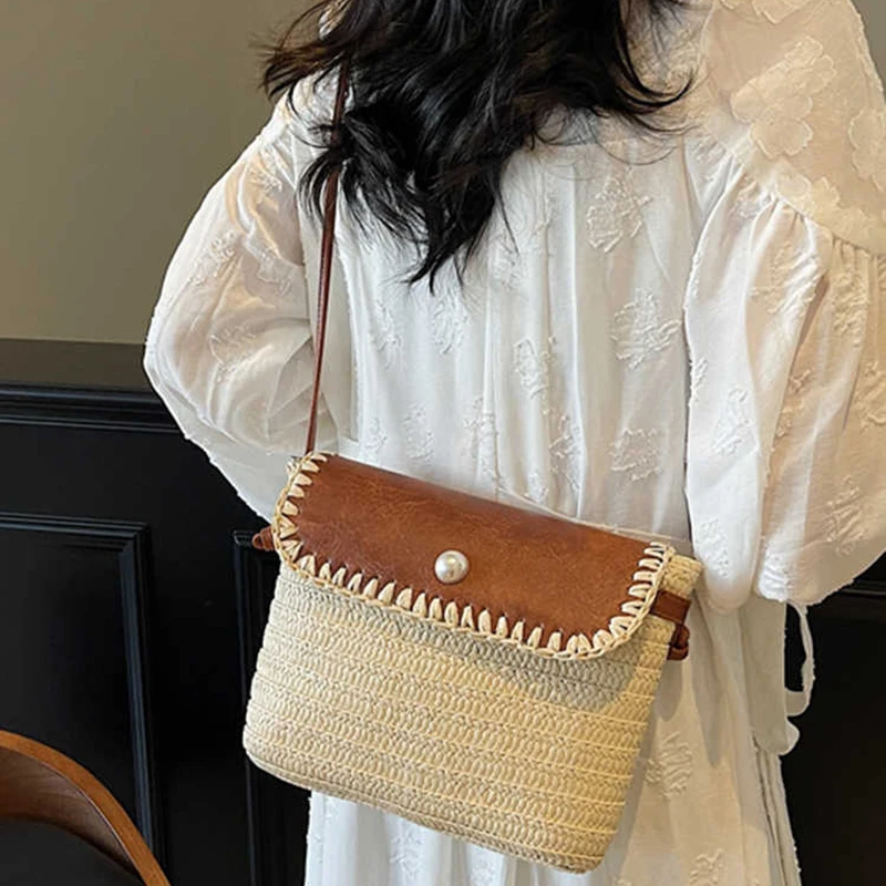 

Spring Summer Beach Vacation Woven Straw Bag New Fashion Versatile Splicing PU Crossbody Bag Women New High-end Small Square Bag