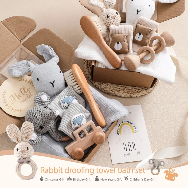 Baby Gift Set Newborn Infant Baby Towel Newborn Bath Toy Baby Drool Towel  Wood Rattle  Growth Milestone  Wool Brush  Baby Socks