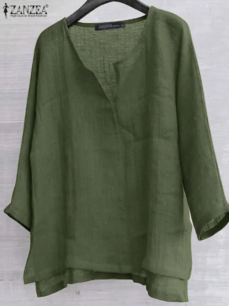 

ZANZEA Spring Fashion Loose Shirt Casual Solid Color Blouse Woman 3/4 Sleeve V-Neck Tunic Tops Elegant Holiday Blusas Mujer 2024