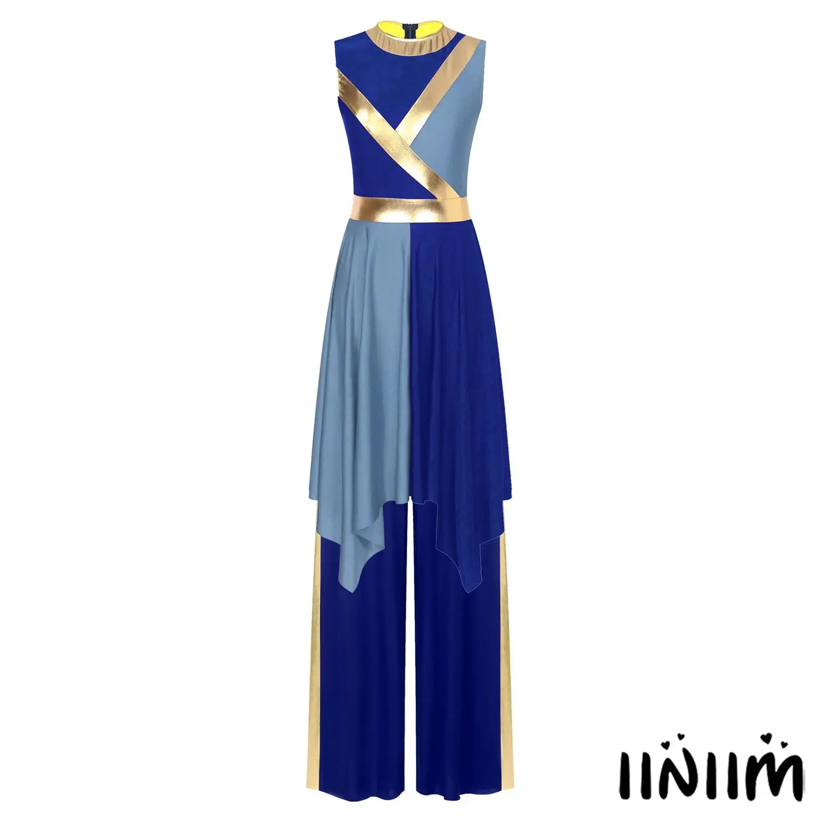 

Patchwork Lyrical Dance Dress for Women Round Neck Invisible Zipper with Wide-leg Pants for Choir Church Halloween Cosplay Stage