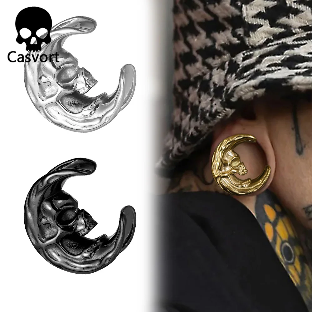 

Casvort 2PCS 316 Stainless Steel Moon Skull Face Ear Tunnels Plugs Piercing Gauges Body Jewelry Stretched lobe Ear