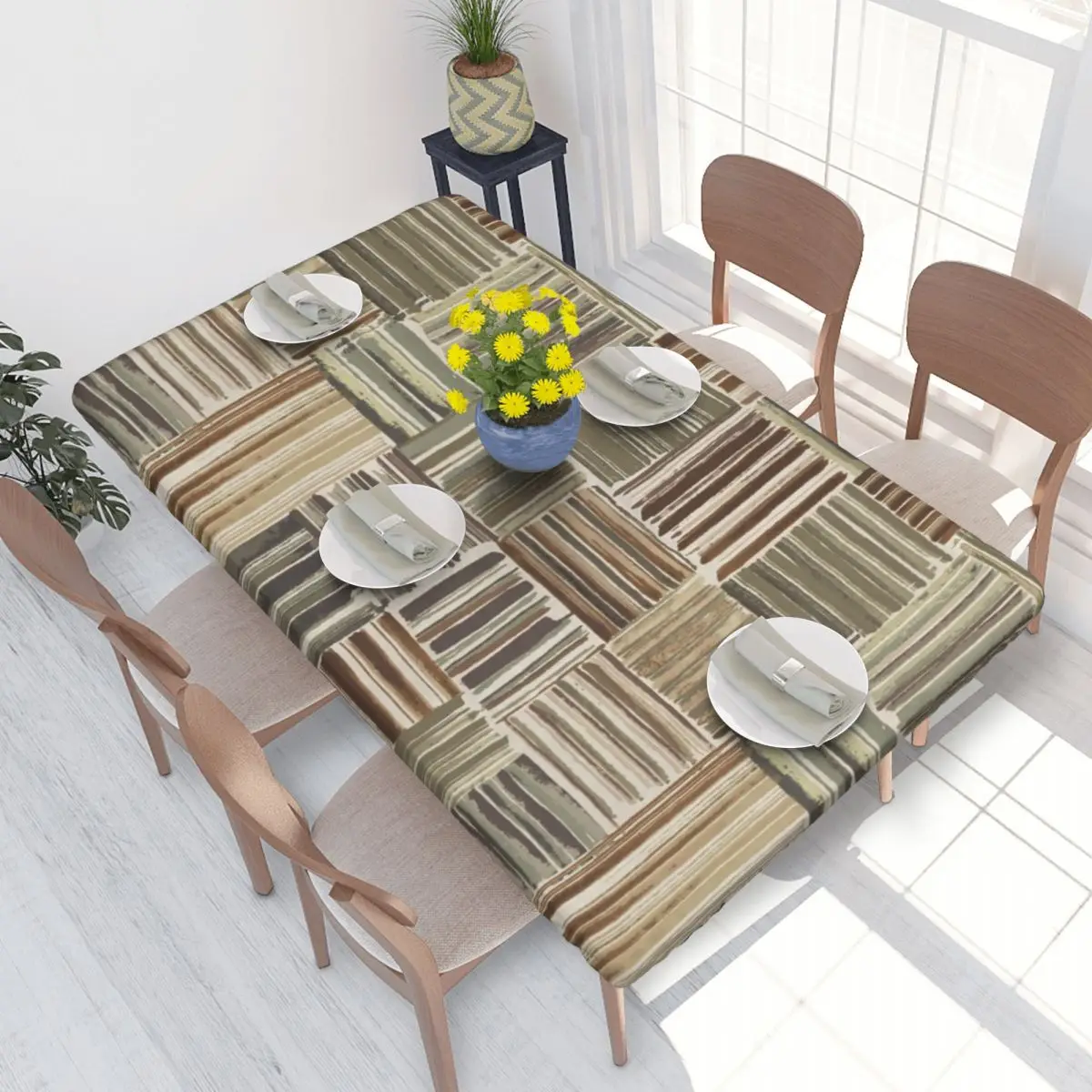 Custom Stripe Patchwork Pattern Ochre Tablecloth Rectangular Oilproof Table Cloth Cover for Banquet 4FT