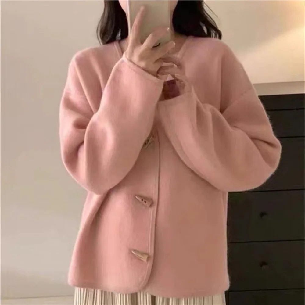 Fashionable cow horn button sweater cardigan jacket for women in autumn winter gentle soft lazy style V-neck slim fit