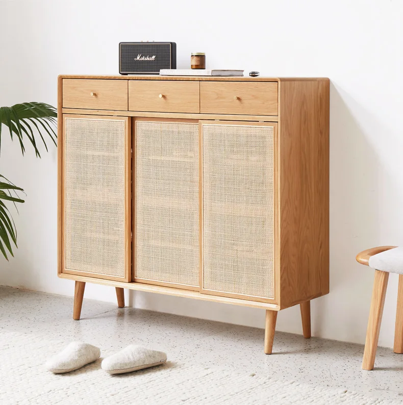 Rattan shoe cabinet Solid wood simple Japanese-style small apartment entrance cabinet Cherry wood color large-capacity storage