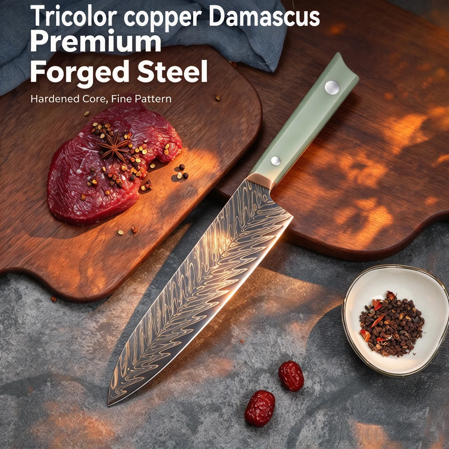 Premium 53 Layers Tricolour Copper 8 inch Chef Knife VG10 Steel Core  Ultra Sharp Slicing Knife Hand Forged Hand Professional