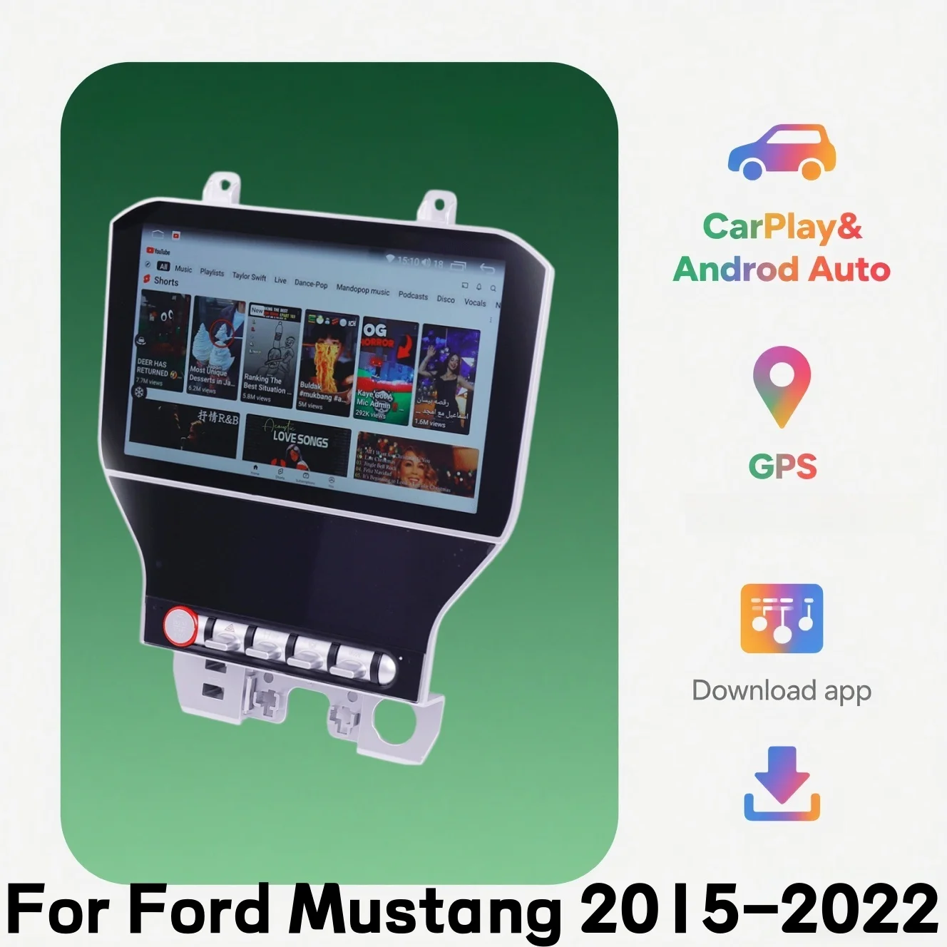 Rádio Automotivo Android 13 com GPS e Navegação para Ford Mustang 2015-2022, Unidade Central Multimídia com Bluetooth e Áudio.