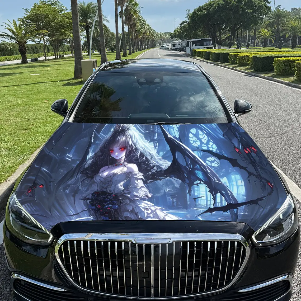

Dark Style Gothic Girl Car Vinyl Wrap, PVC Waterproof Car Hood Sticker, Self-Adhesive Scratch-Resistant Stickers for Engine Cove