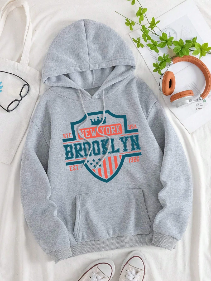 Brooklyn New York Usahoodie Women Letter Printed Sweatshirts Loose Fleece Warm Pocket Pullover Winter Comfortable Woman Clothes