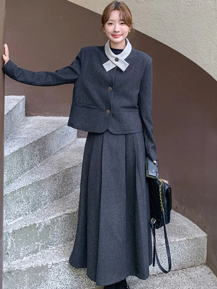 

Womens Autumn Elegant Skirt Suit Korean Casual Party Female Chic Workwear Long Sleeve Tops Solid Skirt Two Pieces Set New
