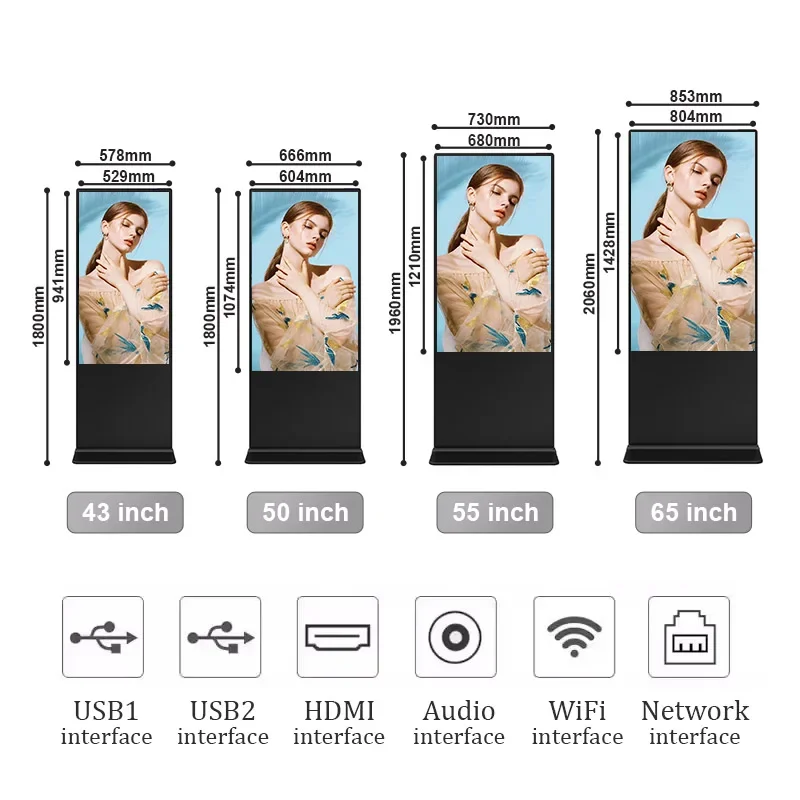 43 49 55 65 75 85 Polegada tela de toque lcd de alta definição piso totem display sinalização quiosque publicidade para loja varejo
