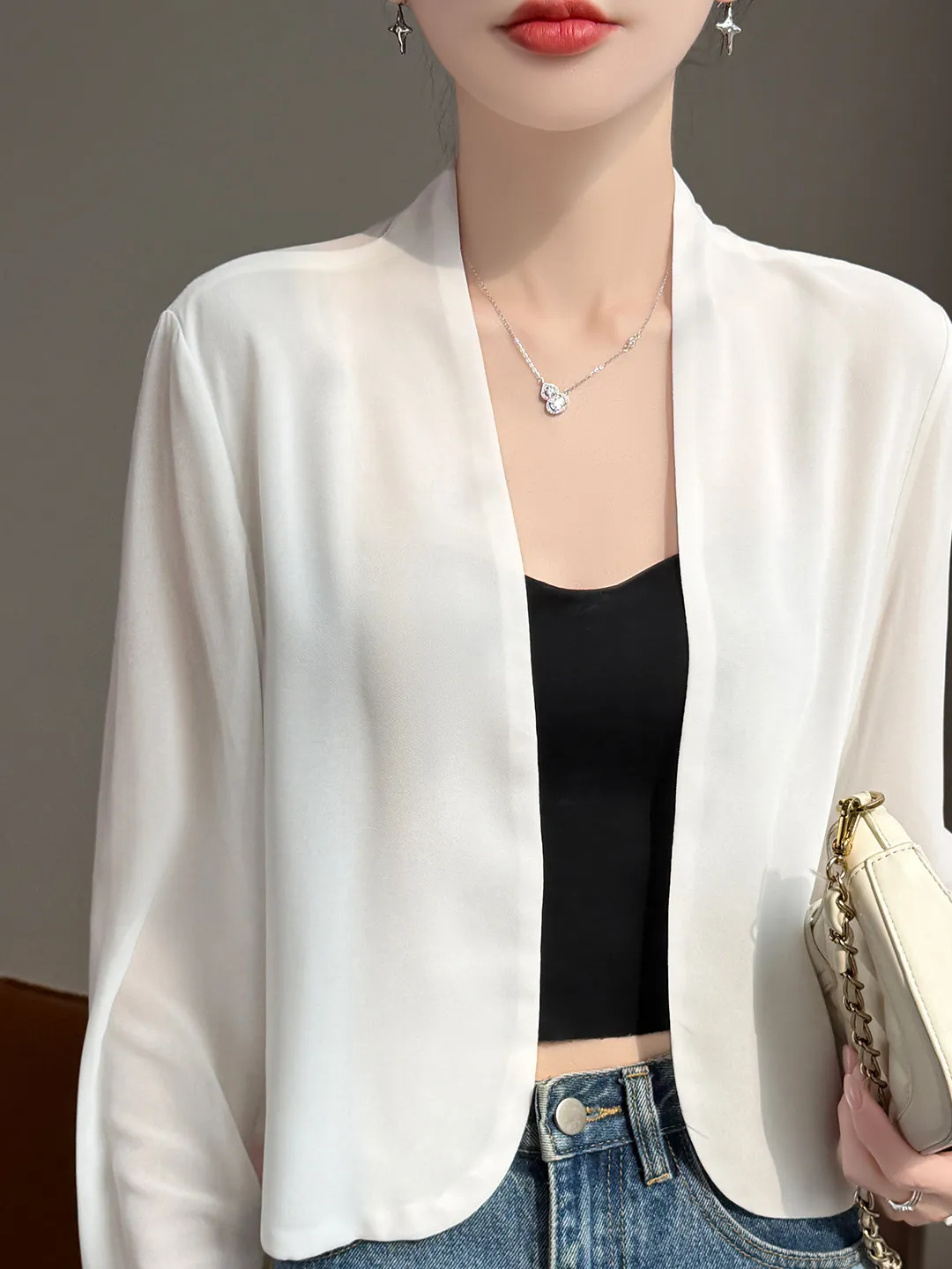 

Versatile Georgette Sun Protection Cardigan Women's Correct Shoulder Thin Outerwear Elegant Micro Translucent Pair with Halte...