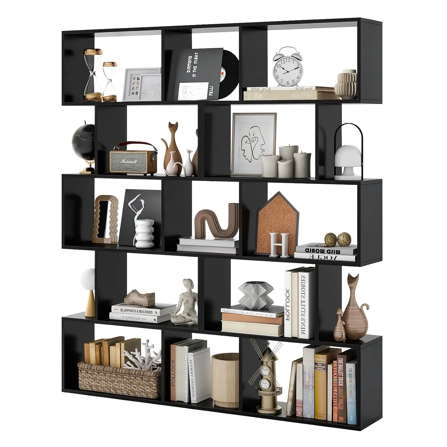 5-Tier Geometric Bookshelf Set of 2 Wooden S-Shaped Bookcase Display Storage Home Office, Customized