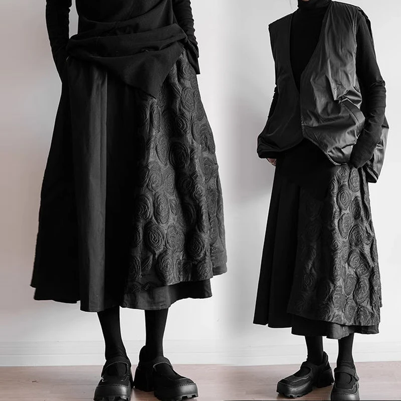 

plus Size Women's Midi Skirt Autumn Winter Loose Splice Design Korean Sle High Waist A-Line Skirt Floral Print Commute Wear