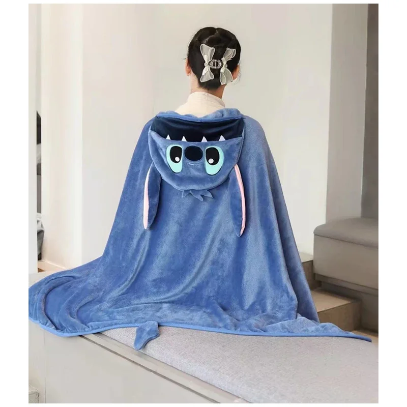 Disney Cartoon Cute Stitch Children Hooded Cloak Anime Figure Kawaii Napping Thermal Cape Office Air Conditioning Blanket Gift