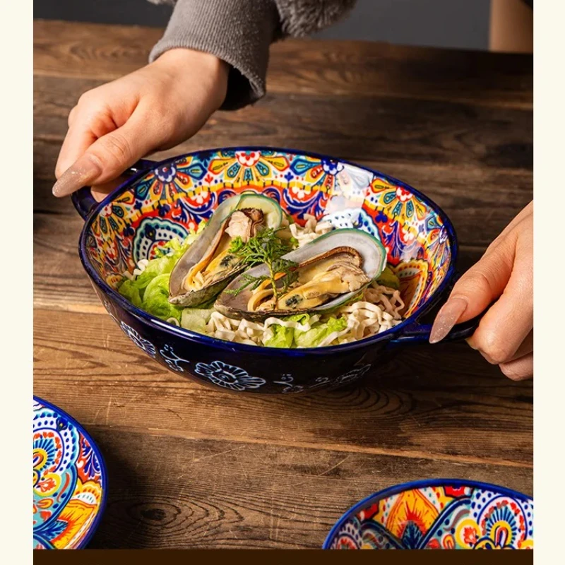 Juego de vajilla de cerámica, tazón de arroz, plato para servir, cubiertos creativos, plato para sopa, tazón con mango de fideos, plato para salsa, plato para fruta y ensalada de carne