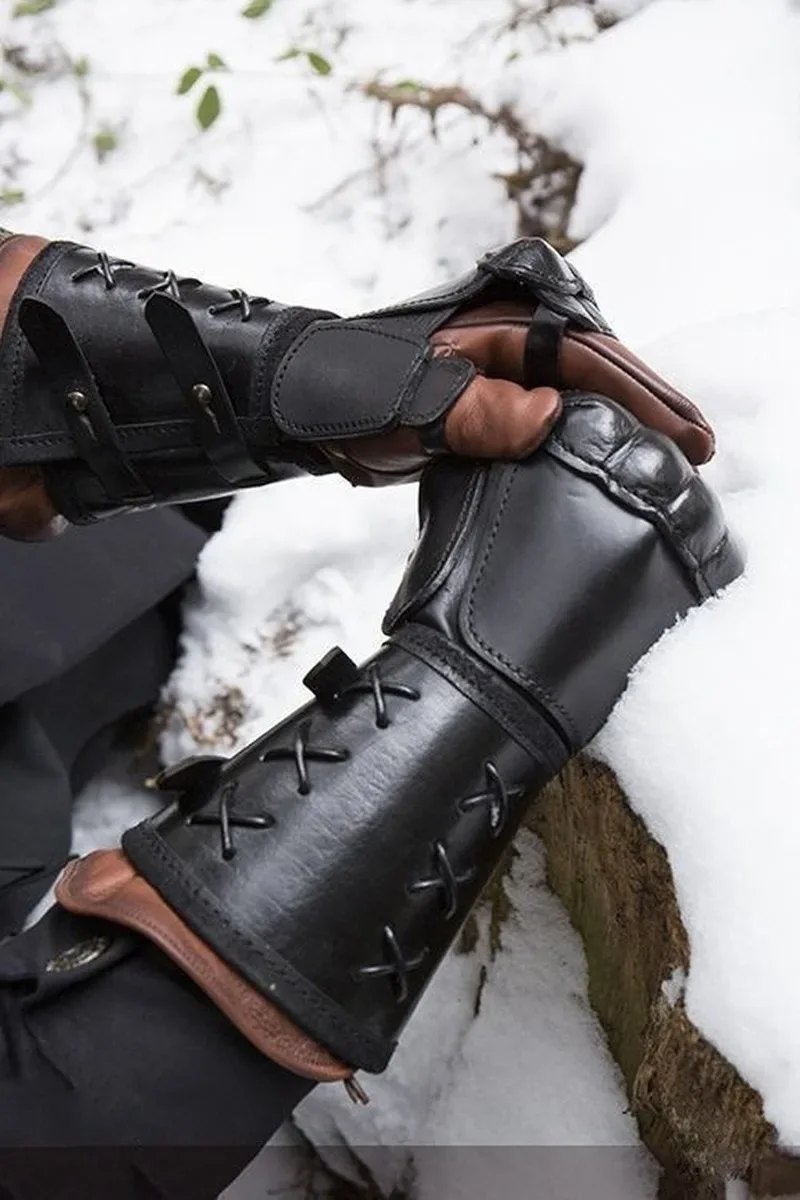 Medieval Armor Motorcycle Gloves Wide Cuffs Bracers Men Steampunk Warrior Gauntlet Renaissance Knights Templar Leather Lace-up