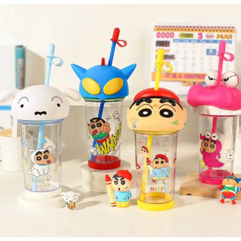 

500ML Anime Crayon ShinChan Cute Big Head Cup Heat-Resistant Plastic Water Cup Large Capacity Portable Straw Cup Gift Toy