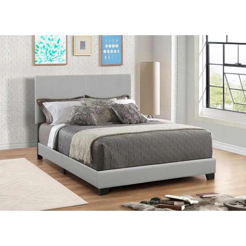 Grey Queen Bed Panel Bed Frame with Modern Design and Sturdy Construction