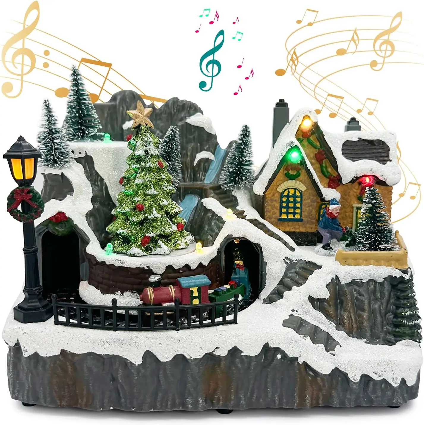 

Christmas Village House with Music, Lights, Moving Tree & Train for Indoor Decor