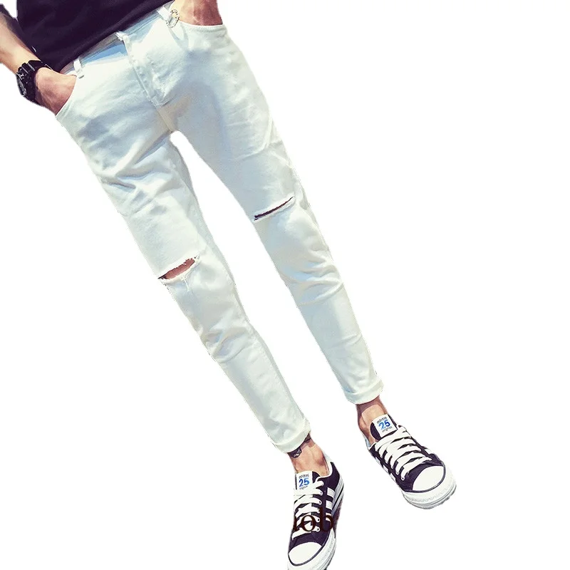 

Japan Style 2022 Contracted Jeans Thin Summer Cropped Trousers Cut Hole Pencil Pants Men's Slim Feet Pants Cropped Trousers