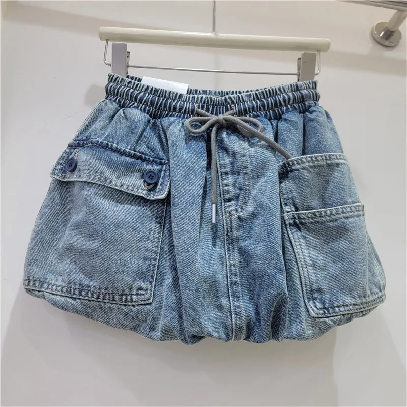 WTHT Fashion Summer 2026 Women Adjustable Drawstring Big Pocket Design Mini Skirt A-line Cargo Denim Skirts Female 1LS3171
