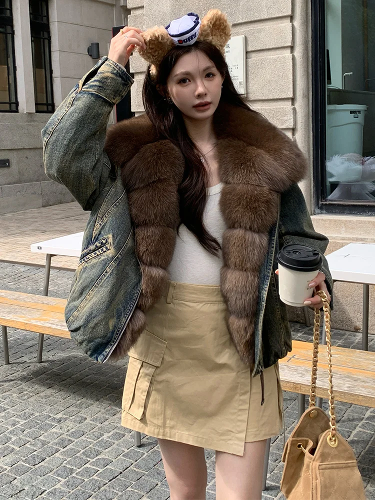 Neue Winter Luxus Weibliche Denim Jacke frauen Gans Unten Jacke Natürliche Echt Fox Pelz Kragen Mäntel Outwear