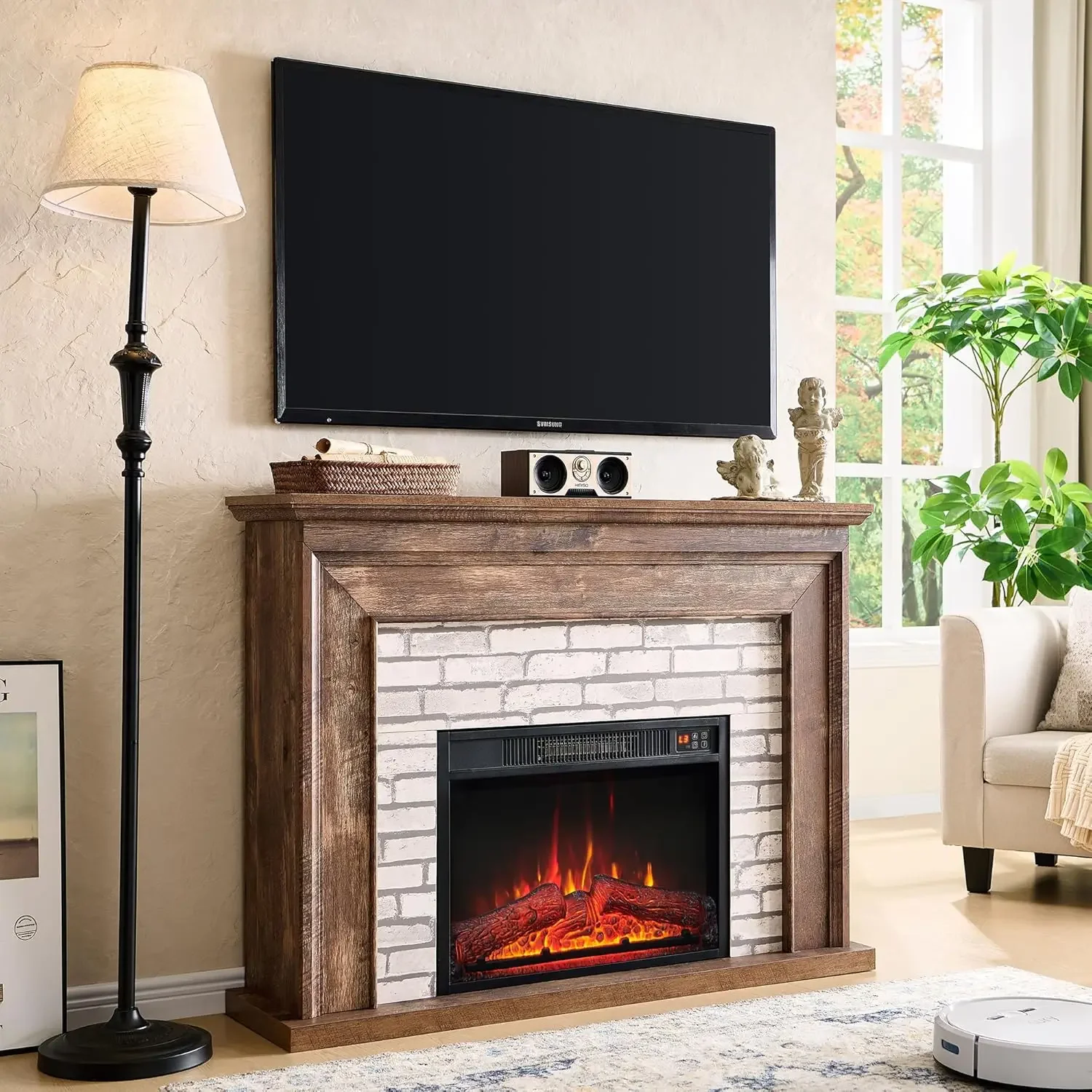 45" elektrischer Flip-Top-Kamin mit Kaminsims, elektrischer Kaminheizer, TV-Ständer, verstellbare Flammenstufe für Wohnzimmer (braun)