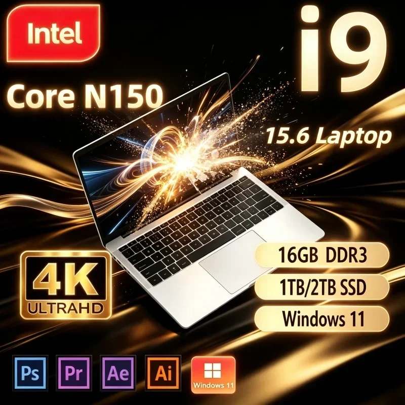 New Hot 2026 15.6 Inch Light Portable Notebook Intel Core I9‑N150 32GB 2TB Win11 Gamer Office Business Laptop PC