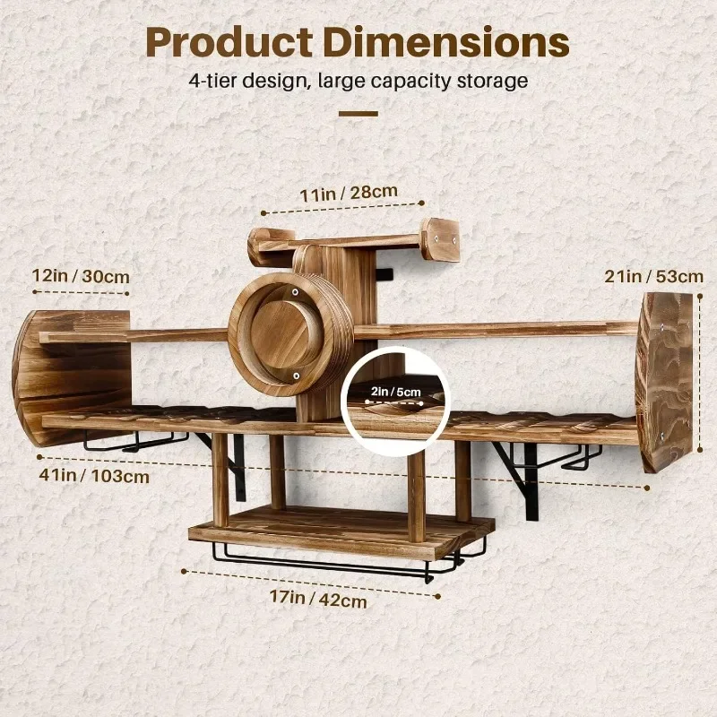 Wine Rack Wall Mounted Wood Shelf with Bottle Stemware Glass Holder Rustic, Airplane Shape Multi Functional Liquor