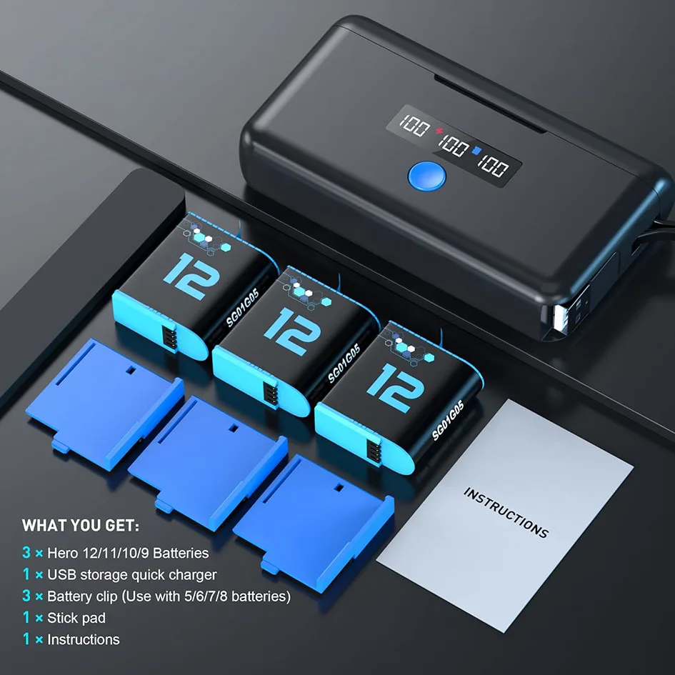 GoPro Battery Charger for GoPro Hero 12/11/10/9 Black for Gopro 12 11 10 9 and GoPro 8 7 6 5 Batteries Action Camera Accessories
