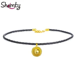 Shamty Ethiopian Choker Necklace Pure Gold Color Thin Black Leather Rope Chain Habesha style Nigeria Sudan Eritrea Kenya Jewelry