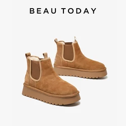 BEAUTODAY Snow Boots Women Cow Suede Leather Chelsea Round Toe Slip on Ladies Warm Winter Shoes Platfrom Handmade 08080
