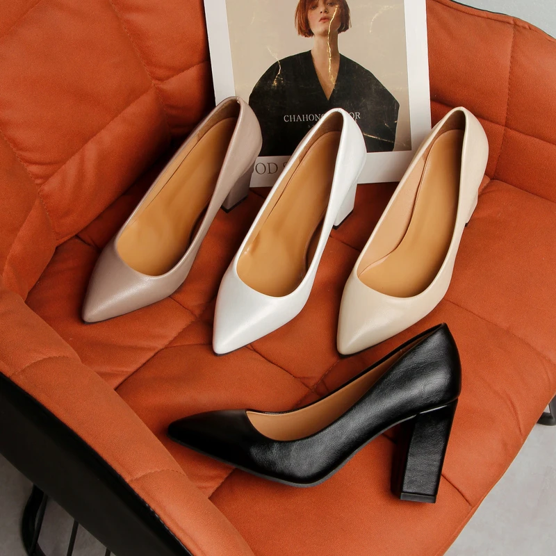 

New Arrival Women's High Heel Pumps Black Leather Formal Shoes Slip-On Commuter Comfortable Mid-Heel Sapatos De Mujer