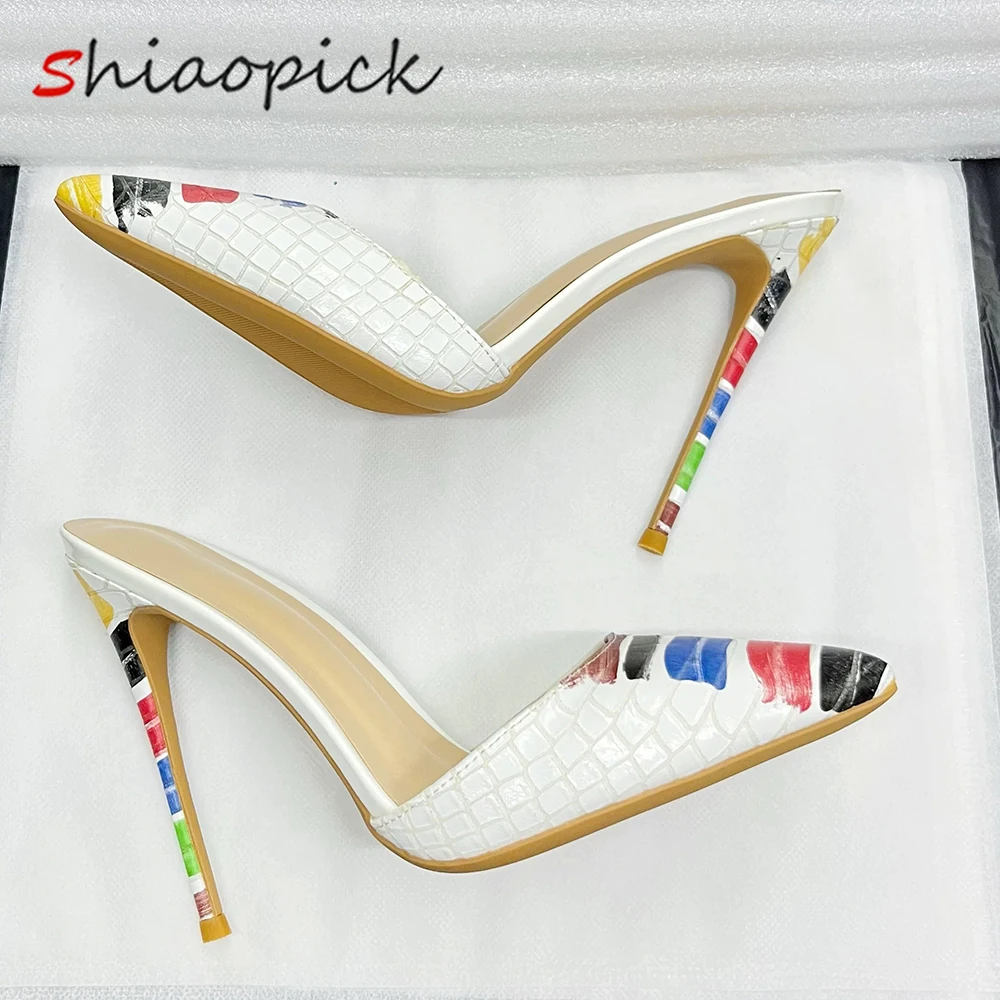 

Элегантные тапочки, новинка, большие размеры 45, 46, женские туфли-лодочки 12 см, 10 см, туфли-лодочки на шпильке с эффектом крокодила, сандалии на высоком каблуке с острым носком, OL Shoes