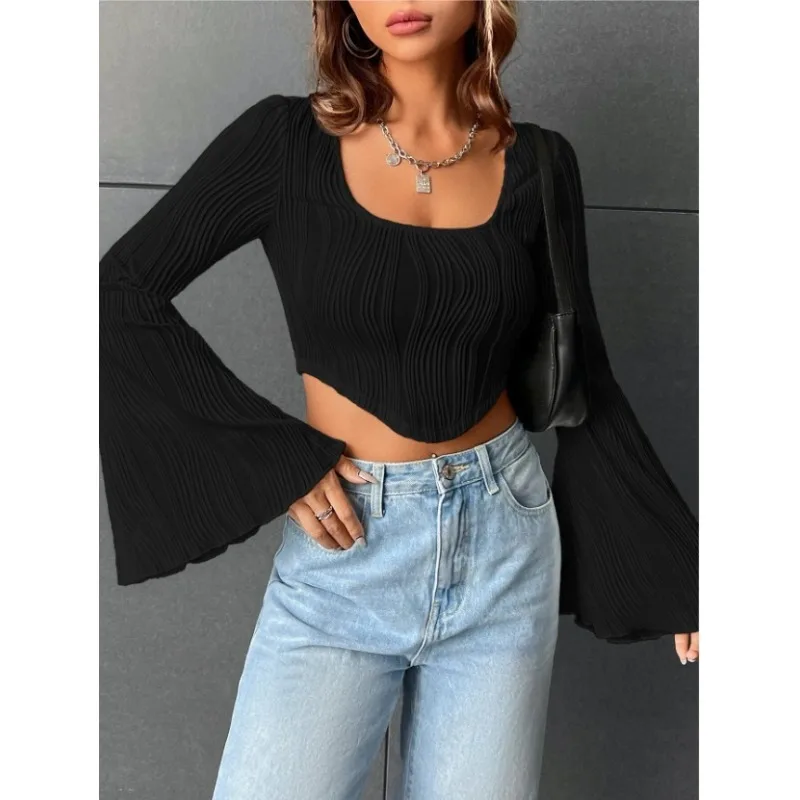 Women's 2024 Summer Thin Fashion U-neck Top Temperament Commuting New Women Water Wave Slim Navel Exposed Long Sleeve T-shirt