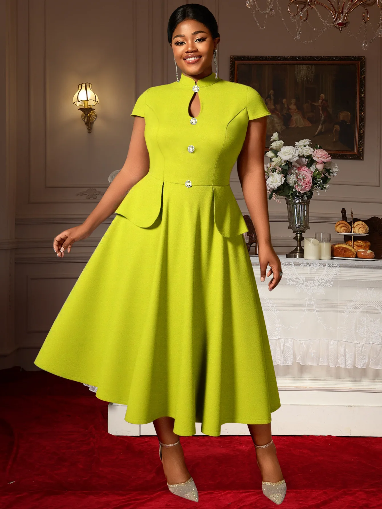 Vestido de fiesta de noche de corte en A con cuello levantado y manga corta con recortes de color sólido de gran tamaño para mujeres elegantes