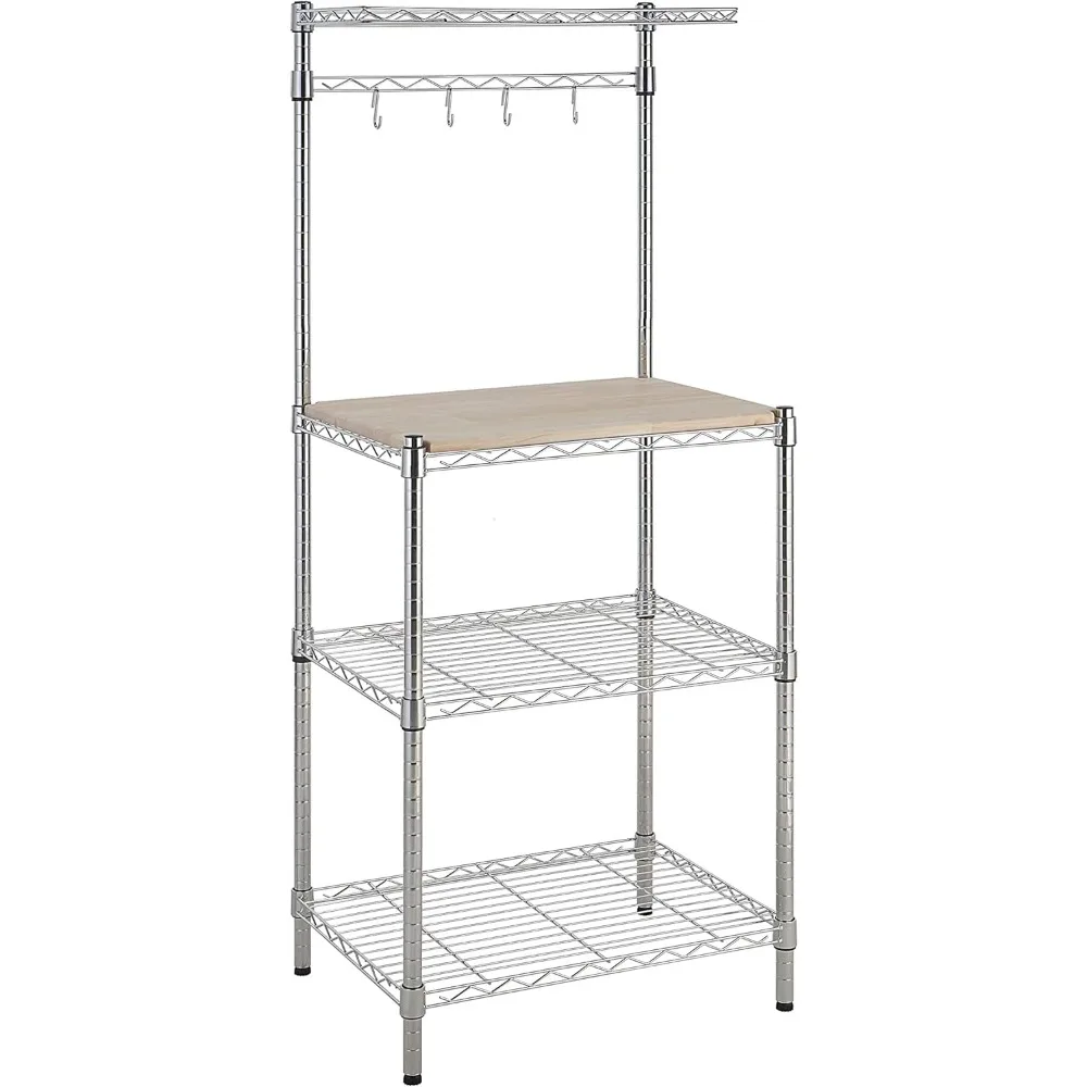 

Heavy Duty Kitchen Baker's Rack with Removable Wood Top, Adjustable Shelves, Chrome/Beige, 18x24x59 Inches