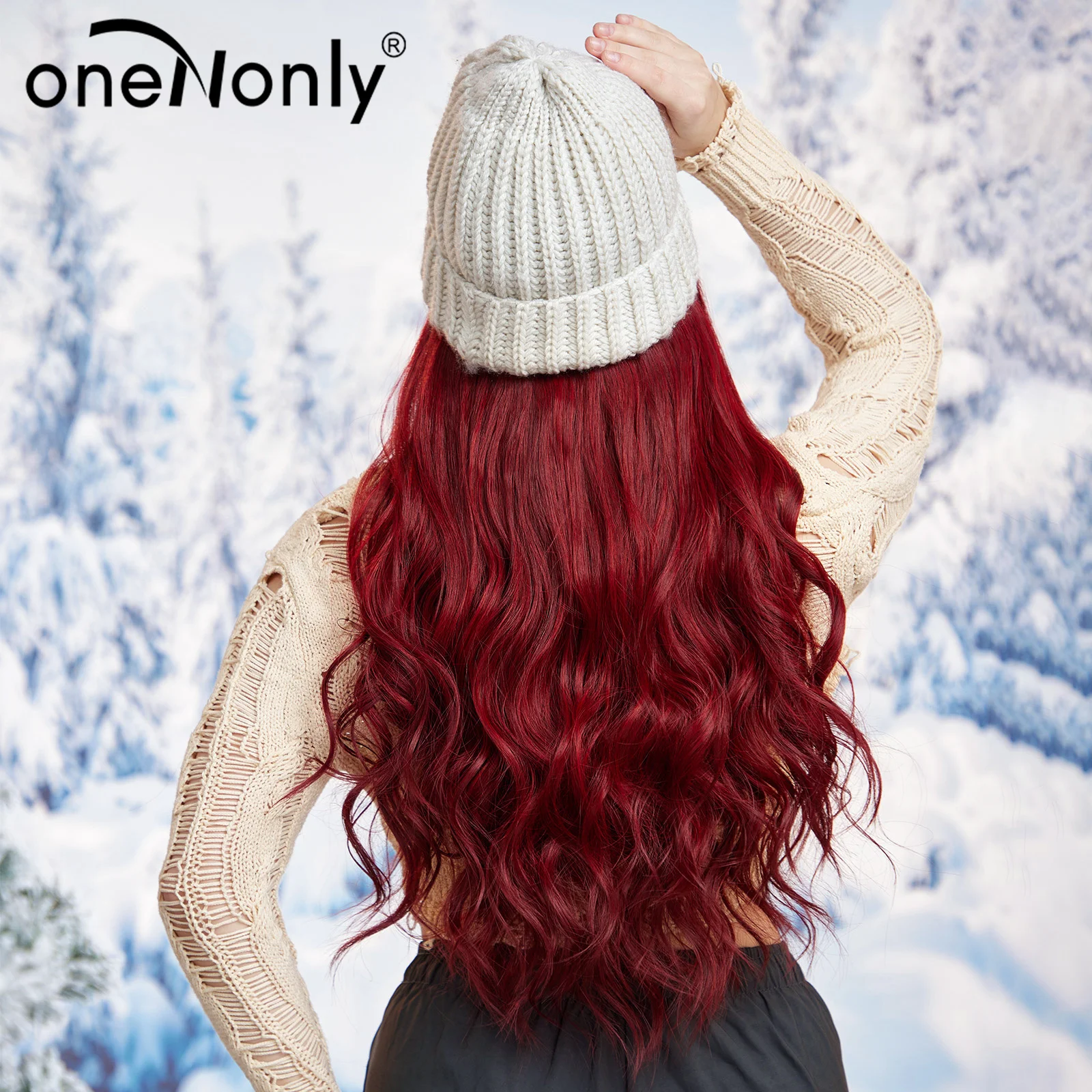 oneNonly Red Wavey Hat wigs Cap Ski Connect Synthetic Wigs Hair for Women Daily Party Use High Resistant Hair