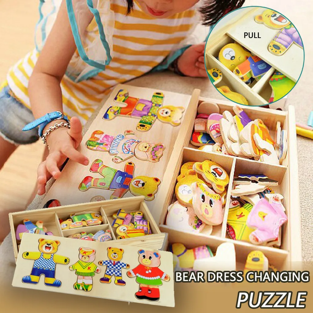 Children's bear replacement puzzle wooden cartoon learning creative toy wooden puzzle kids birthday gift