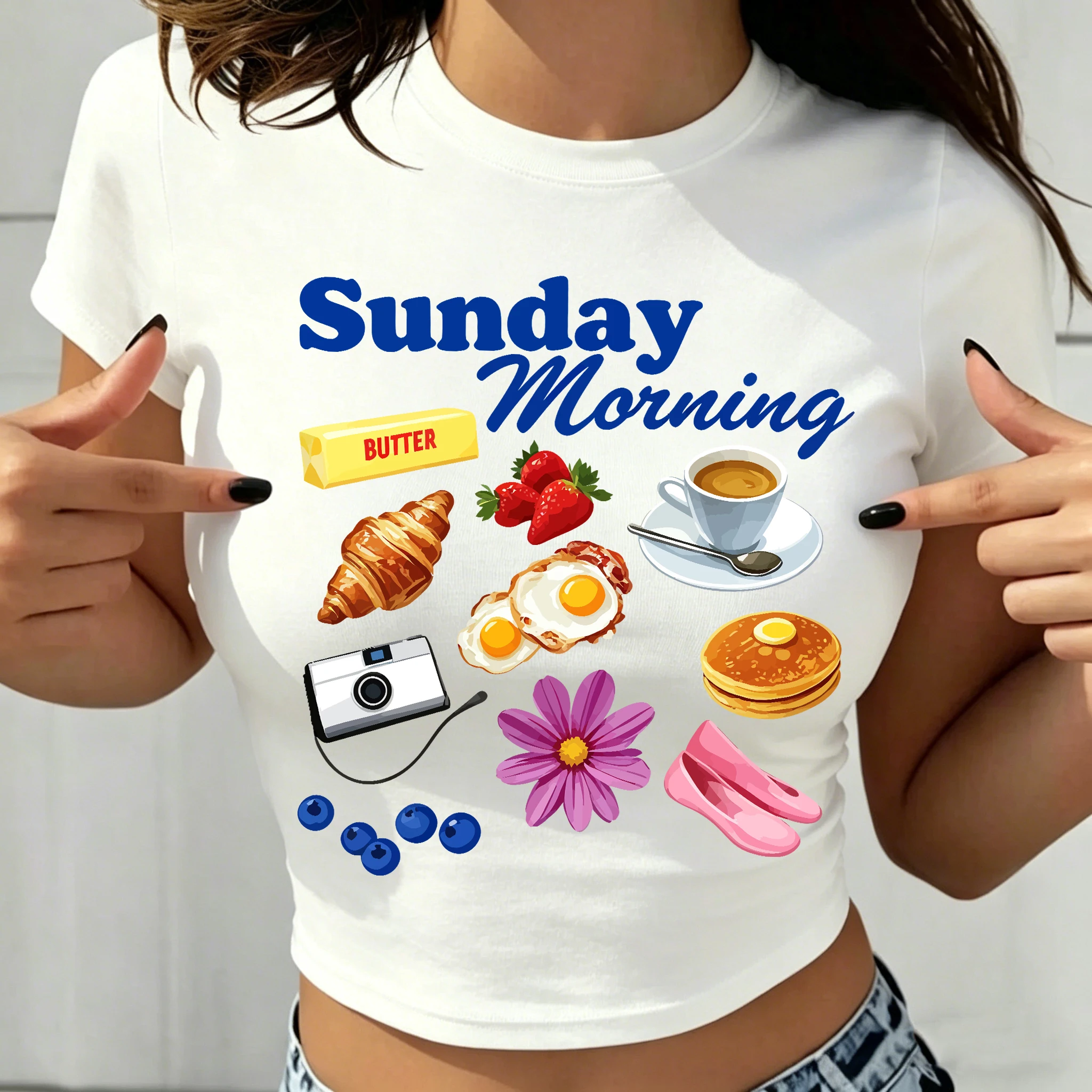 Sunday Morning Food Design Crop T-Shirt Women Summer Breathable Short Sleeve Elasticity Cotton Top Y2K Slim Crewneck Streetwear