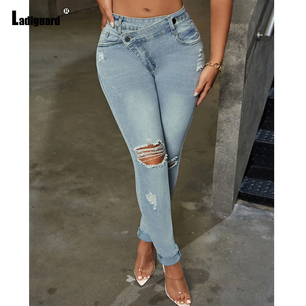 

Women Diagonal Waist Ripped Demin Trouser Female Pencil Pants Girls Streetwear 2024 American And European Style Basic Jeans Pant