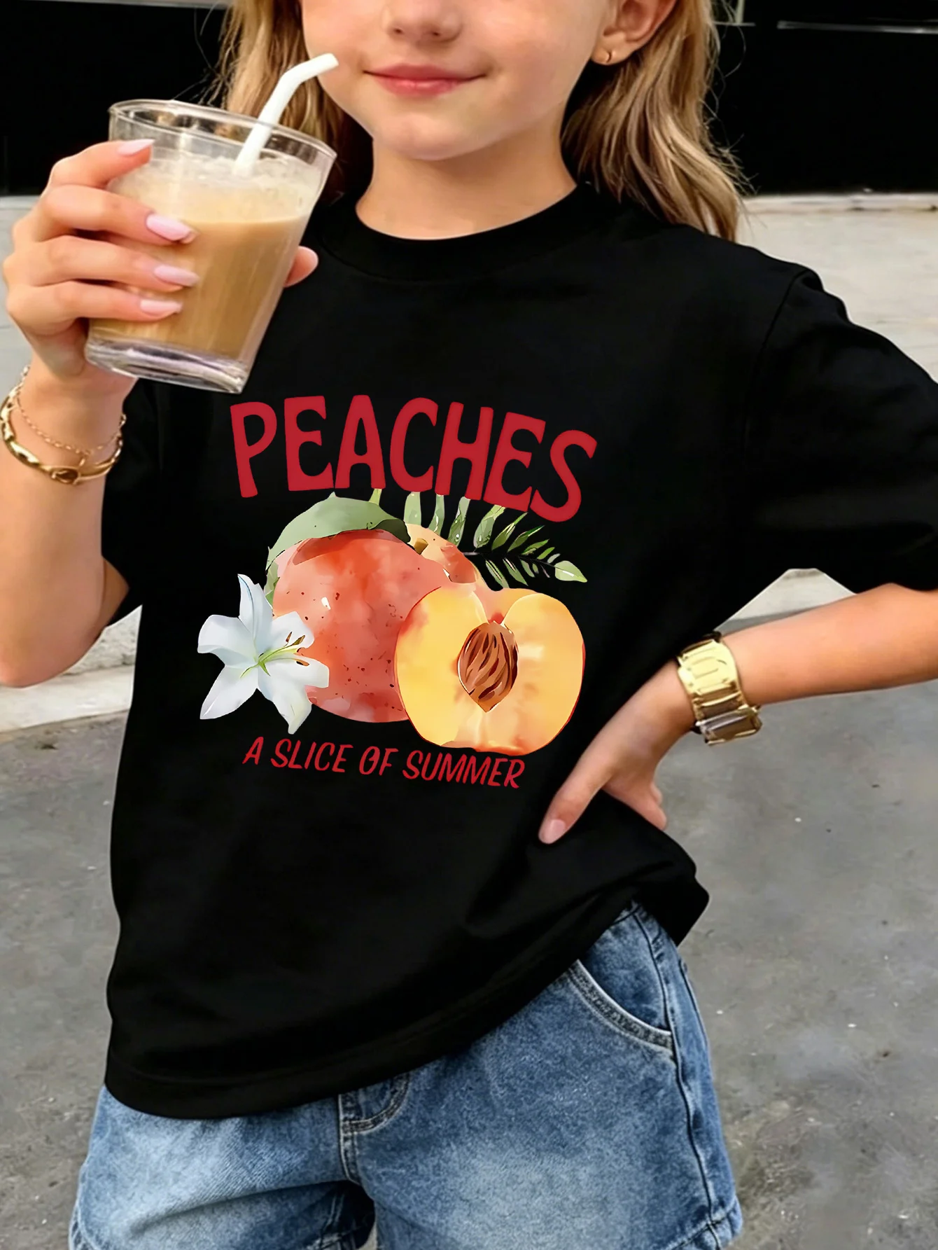 Kids Family Matching T Shirt Watercolor Peaches Summer Letter Print Short Sleeve Cotton Tops For Boys Girls Daily Casual Outfit