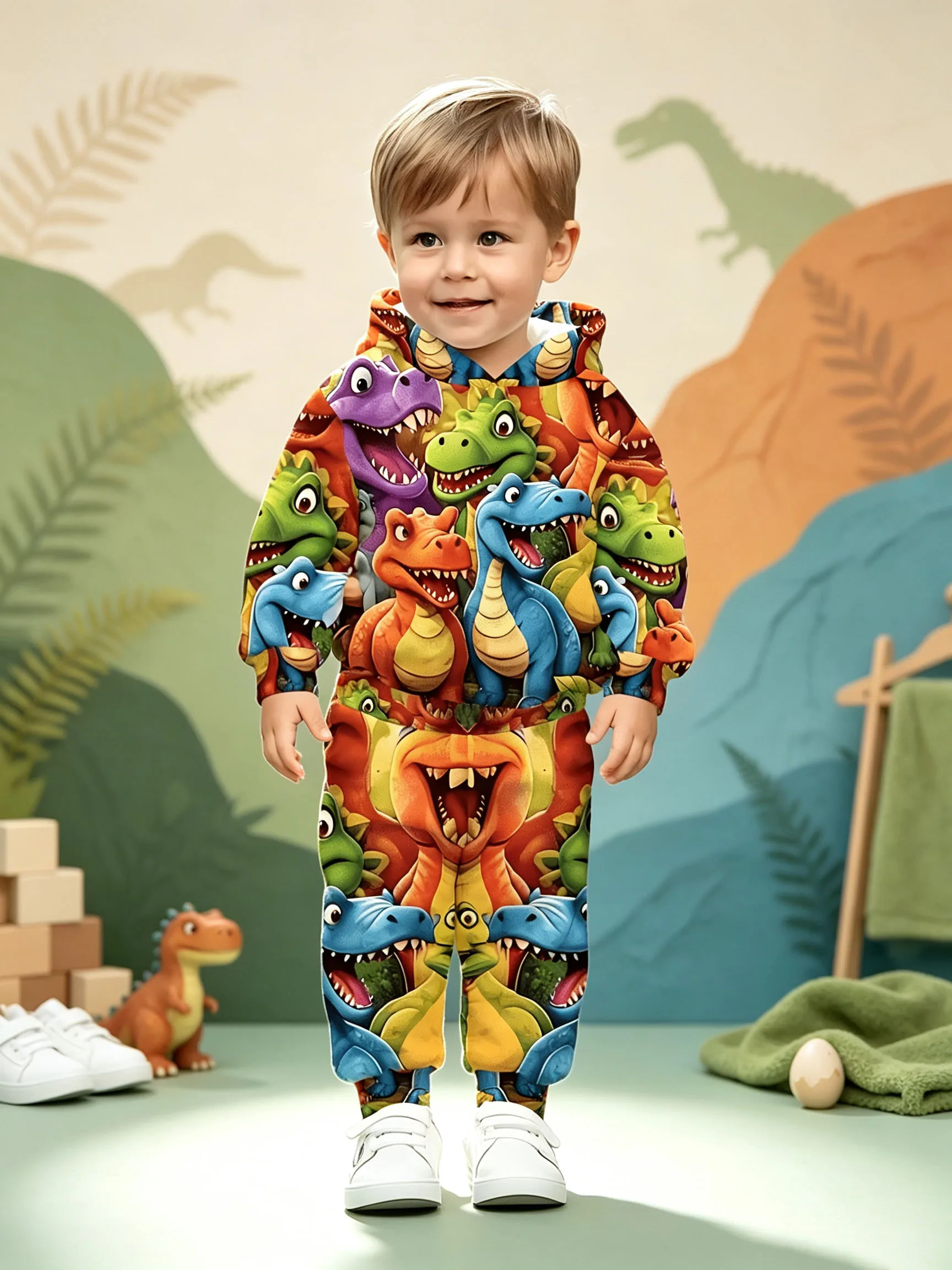 Cartoon Dinosaur All Over Print Boys Tracksuit 2Pcs Hooded Sweatshirt+Pants Toddler Kids Spring Autumn Casual Clothing Set