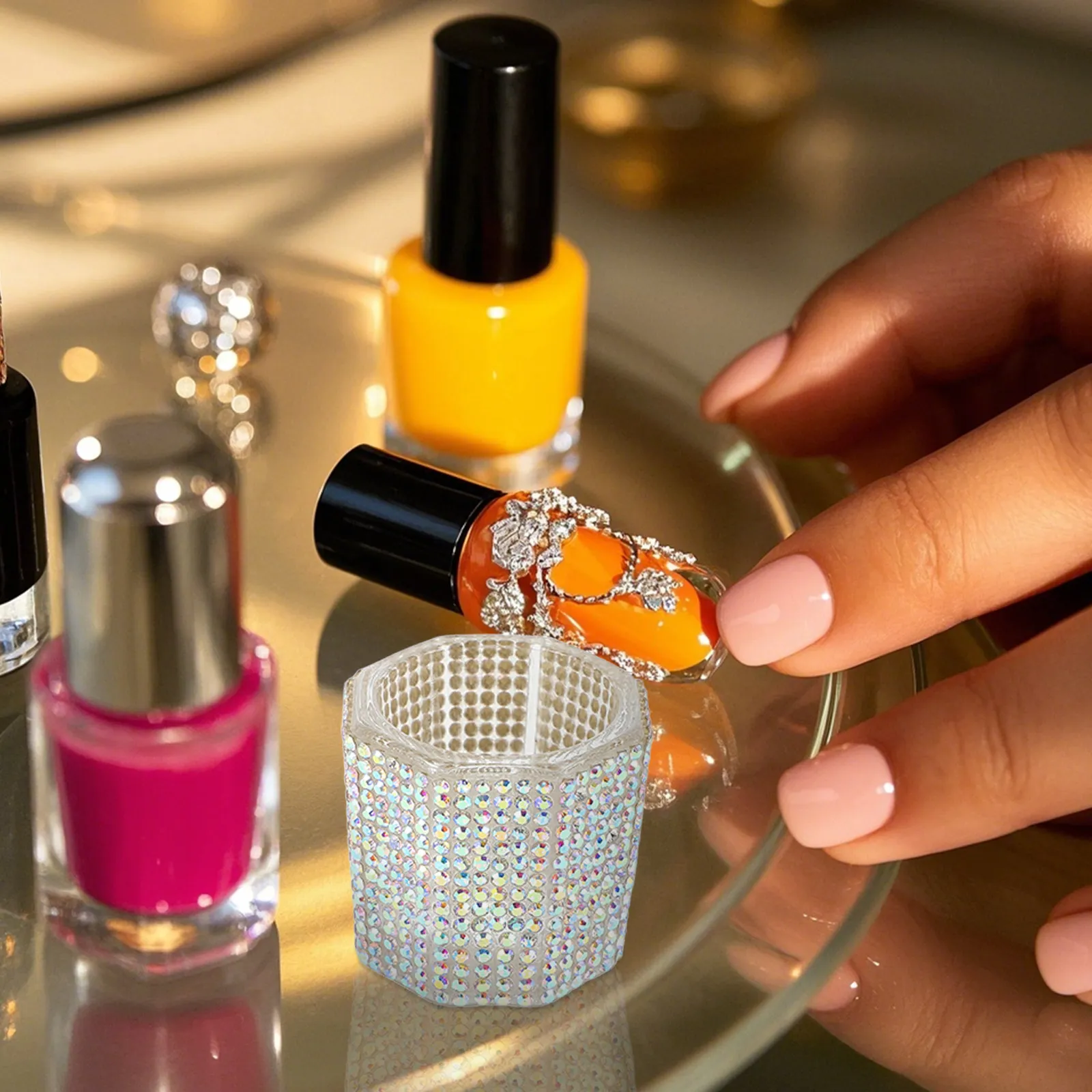 3pcs Nail Art Brush Cleaning Cups – Crystal Rhinestone Octagonal Manicure Tool Set for Professional Nail Art Supplies