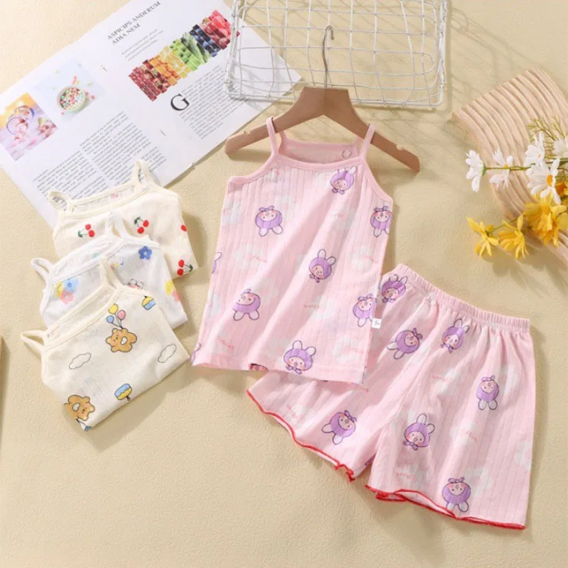 Summer Camisole Sling Tops+Shorts 2-Piece Set Girl\'s Soft Cotton Pajamas Fashion Cartoon Print Kids Home Clothes Casual Suit New